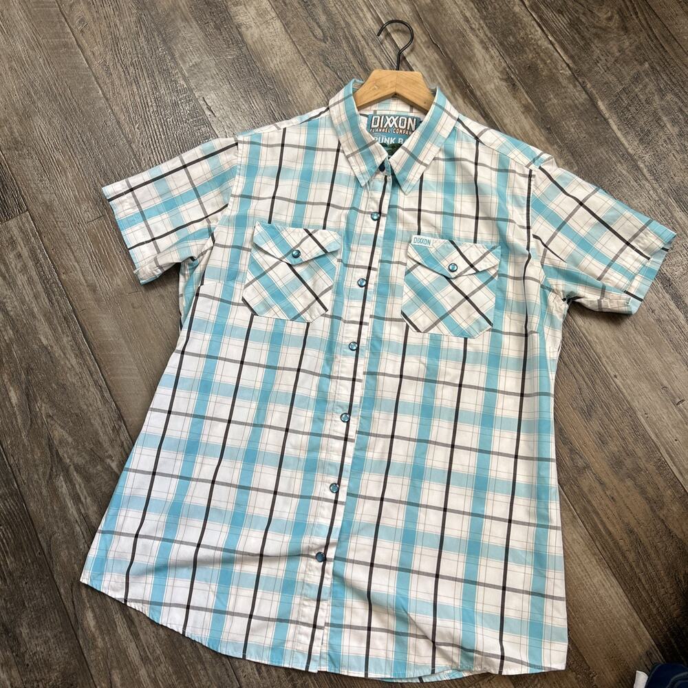 Dixxon Flannel Co Shirt Women’s L Trunk Bay Bamboo Pearl Snap Blue White Plaid